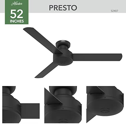 Hunter 52 Inch Ceiling Fan No Light Matte Black - Low Profile Flush Mount 3 Blades Wall Control Presto 52407