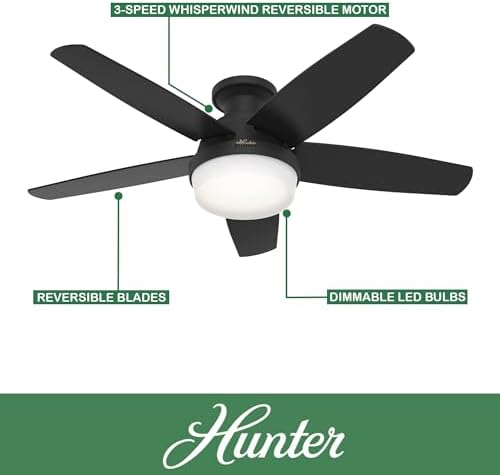Hunter 48 Inch Black Low Profile Ceiling Fan with LED Light Kit & Remote for Bedroom Living Room