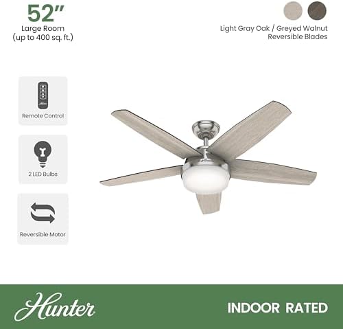 Hunter 52 Inch Brushed Nickel Ceiling Fan with Light Kit & Remote Control