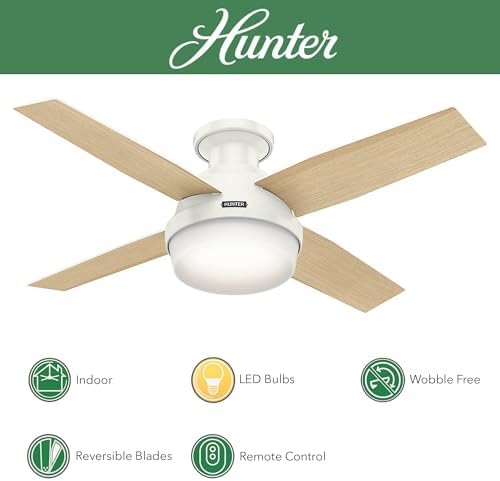 Hunter 44 Inch Ceiling Fan with Light & Remote Control - Fresh White, 4 Blades for Bedroom & Living Room (Renewed)