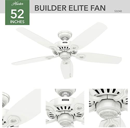 Hunter 52 Inch Ceiling Fan No Light Pull Chain White 5 Blades - Builder Elite 53240 for Bedroom Living Room Kitchen