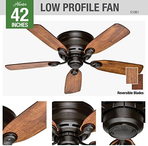 Hunter 42 Inch Bronze Ceiling Fan No Light Low Profile Mount 5 Blades Pull Chain for Bedroom Living Room Kitchen Model 5