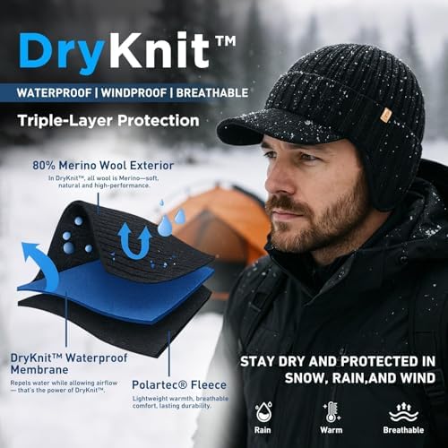 TOP-EX DryKnit™ Waterproof Merino Wool Beanie Hat - Fleece Lined Ski Cap for Cold Weather & Large Heads, Global Recycled