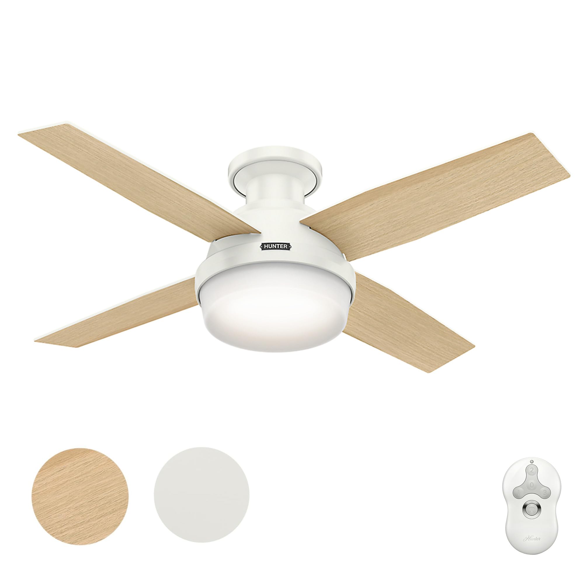 Hunter 44 Inch Ceiling Fan with Light & Remote Control - Fresh White, 4 Blades for Bedroom & Living Room (Renewed)