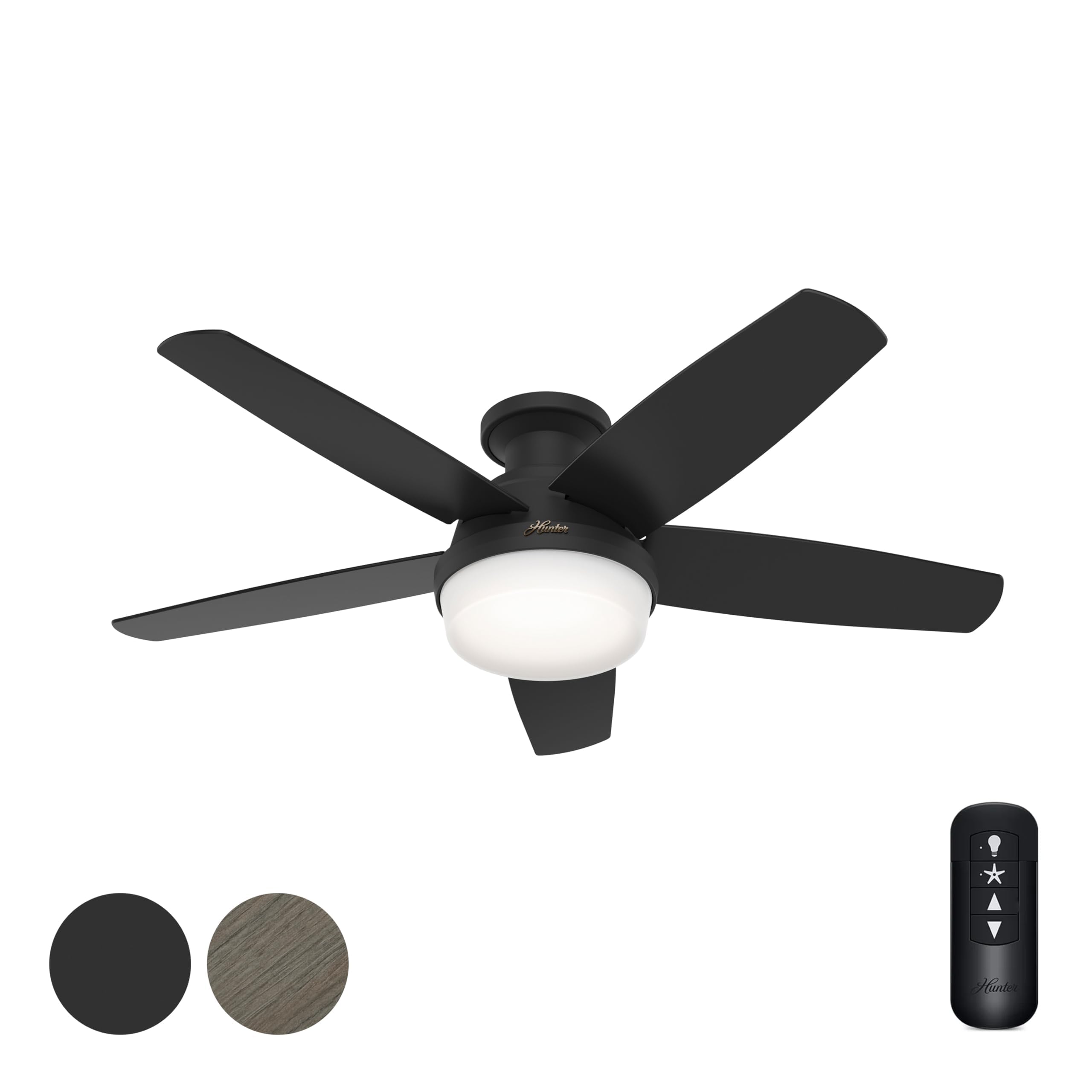 Hunter 48 Inch Black Low Profile Ceiling Fan with LED Light Kit & Remote for Bedroom Living Room