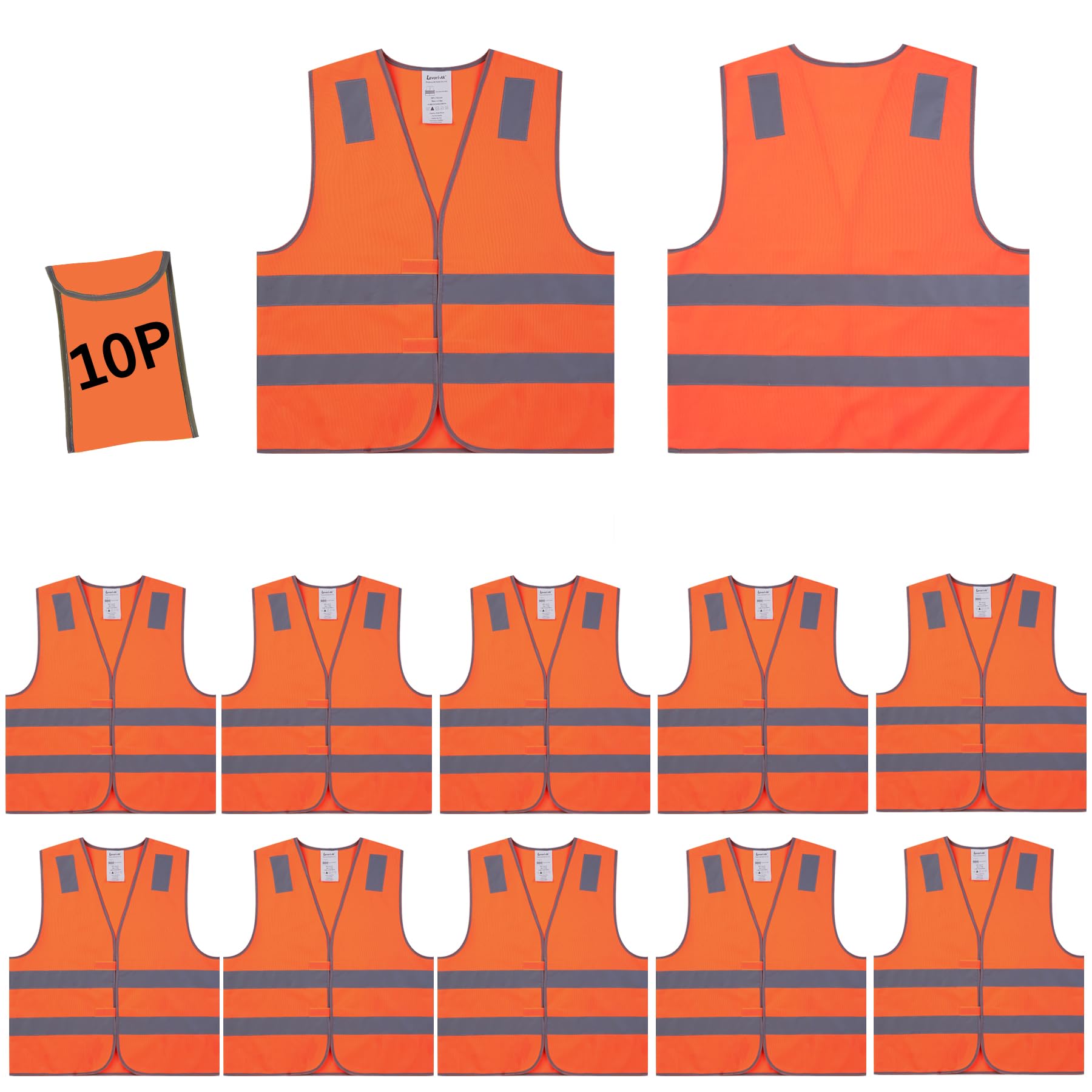 10 Pack Orange High Visibility Reflective Safety Vests for Construction Workers - Mesh with Pockets